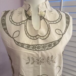 White Sleeveless Embroidered Tunic with Gray Stitching